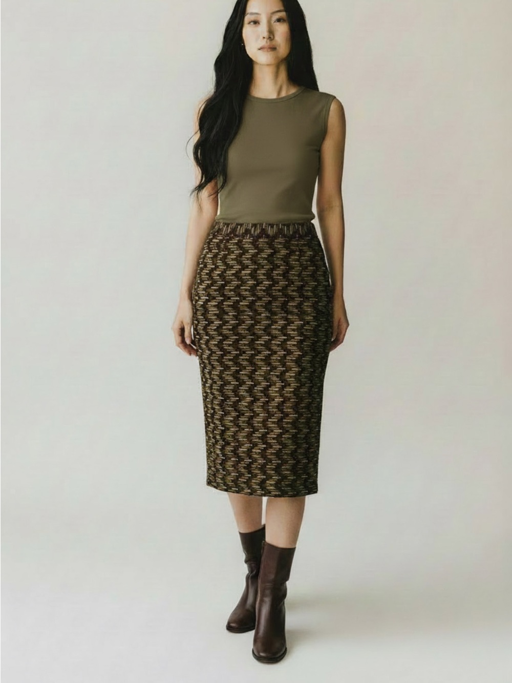 Scarlet Designs Brown Textured Zigzag Knit Pencil Skirt